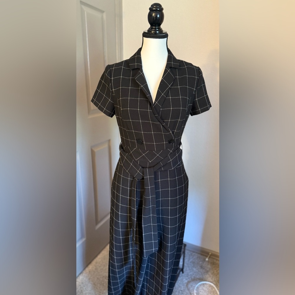 Karl Lagerfeld- Black WindowPane Checkered Jumpsuit with Belt